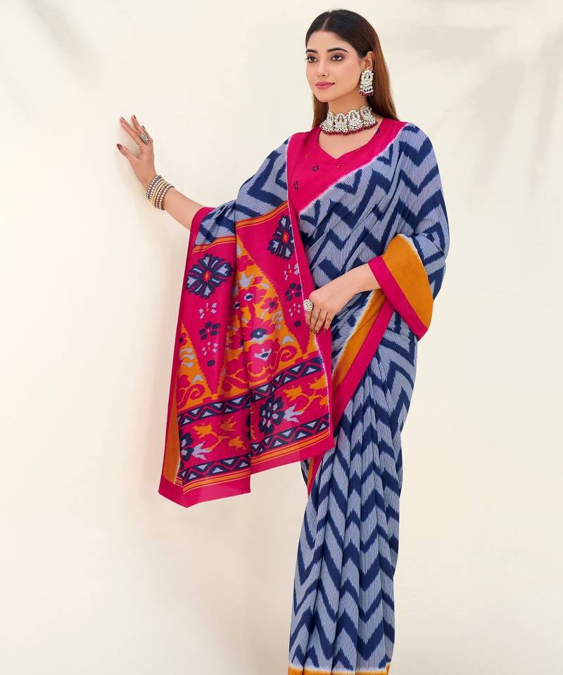 Blue tussar silk zigzag waves printed saree with unstitched blouse
