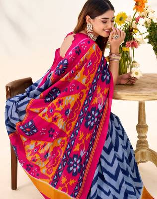 Blue tussar silk zigzag waves printed saree with unstitched blouse 2