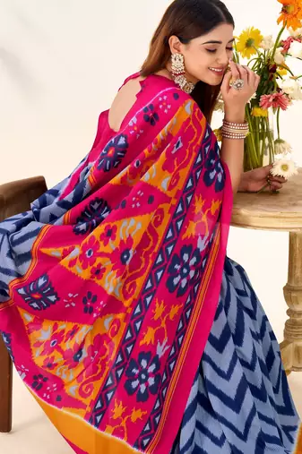 Blue tussar silk zigzag waves printed saree with unstitched blouse