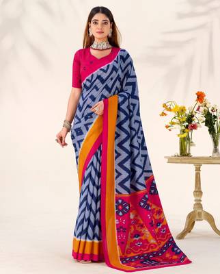Blue tussar silk zigzag waves printed saree with unstitched blouse 3