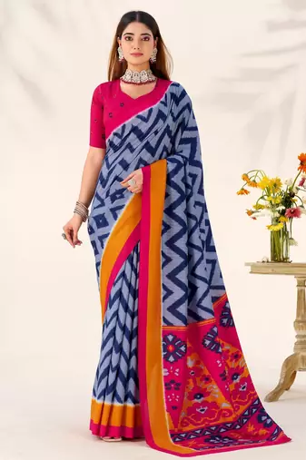 Blue tussar silk zigzag waves printed saree with unstitched blouse
