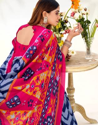 Blue tussar silk zigzag waves printed saree with unstitched blouse 4
