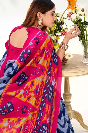 Blue tussar silk zigzag waves printed saree with unstitched blouse