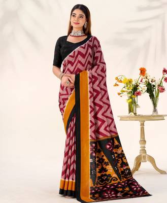 Maroon tussar silk zigzag waves printed saree with unstitched blouse 1