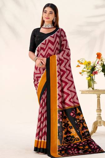 Maroon tussar silk zigzag waves printed saree with unstitched blouse