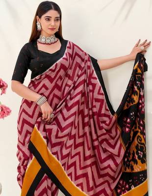 Maroon tussar silk zigzag waves printed saree with unstitched blouse 2