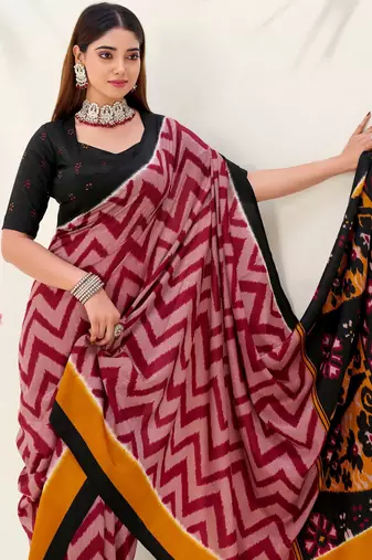 Maroon tussar silk zigzag waves printed saree with unstitched blouse
