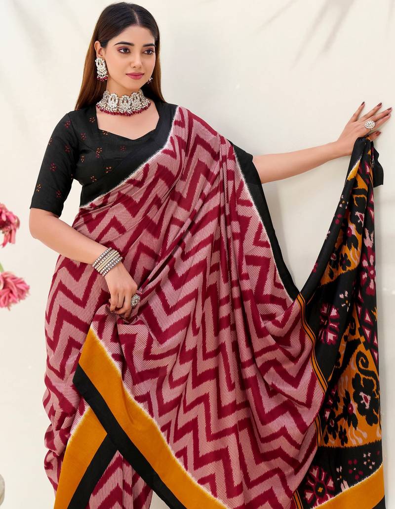 Maroon tussar silk zigzag waves printed saree with unstitched blouse