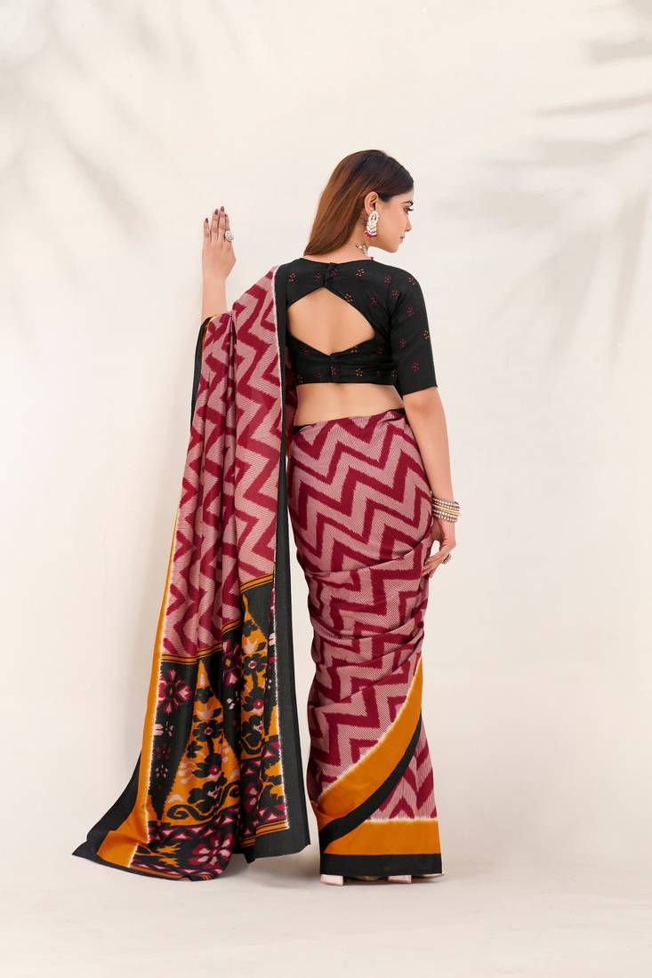Maroon tussar silk zigzag waves printed saree with unstitched blouse
