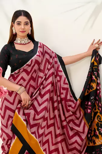 Maroon tussar silk zigzag waves printed saree with unstitched blouse