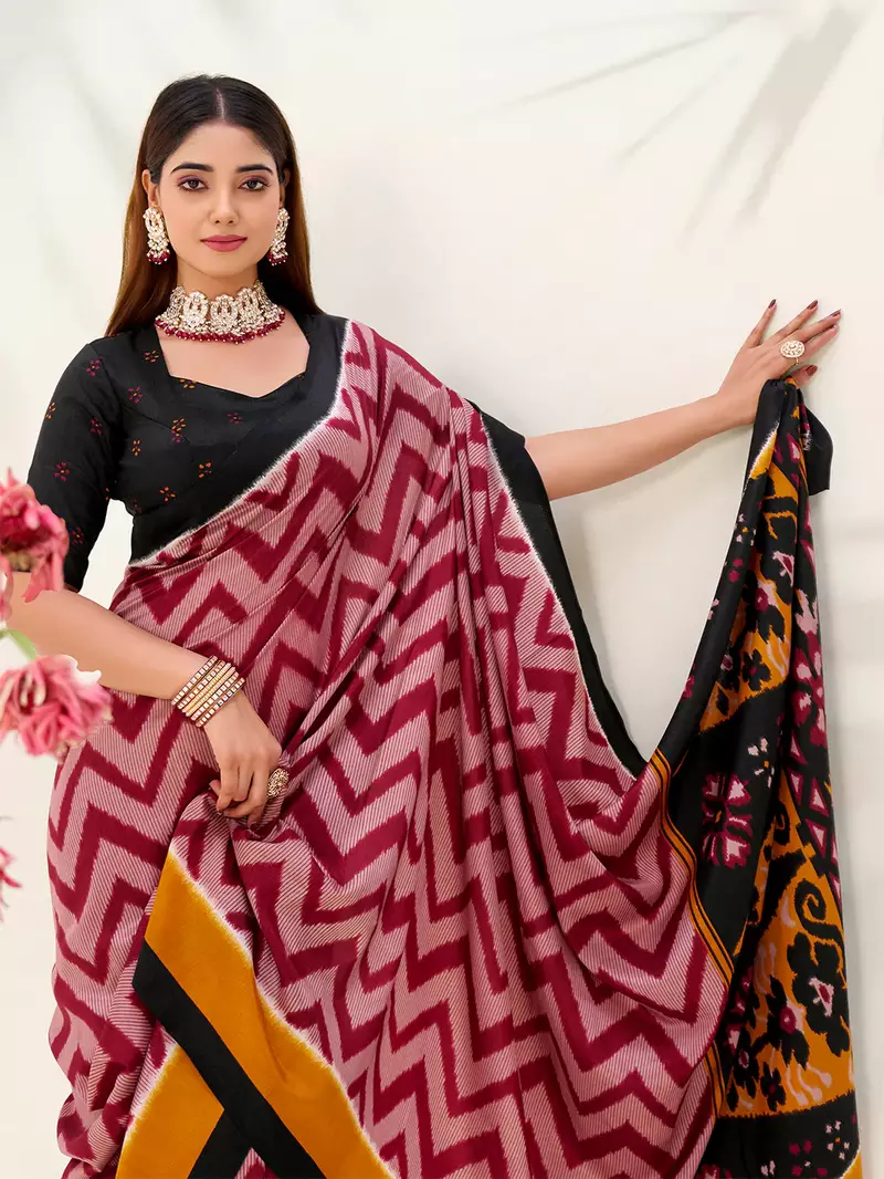 Maroon tussar silk zigzag waves printed saree with unstitched blouse