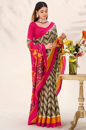 Mehendi tussar silk zigzag waves printed saree with unstitched blouse