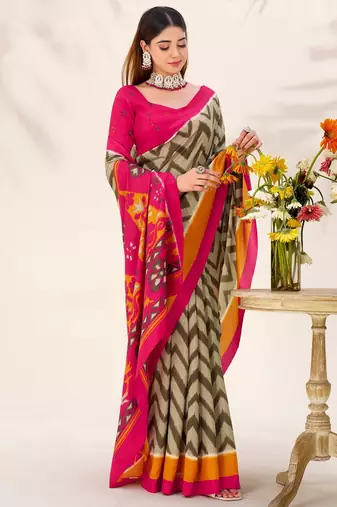 Mehendi tussar silk zigzag waves printed saree with unstitched blouse