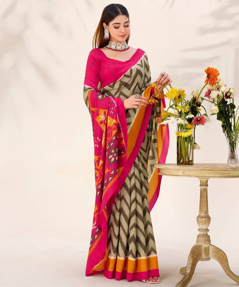 Mehendi tussar silk zigzag waves printed saree with unstitched blouse