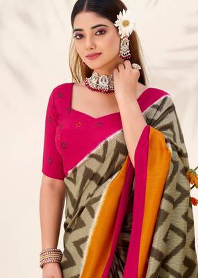 Mehendi tussar silk zigzag waves printed saree with unstitched blouse 2