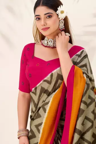 Mehendi tussar silk zigzag waves printed saree with unstitched blouse
