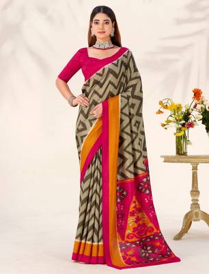 Mehendi tussar silk zigzag waves printed saree with unstitched blouse 3