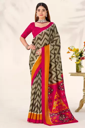 Mehendi tussar silk zigzag waves printed saree with unstitched blouse