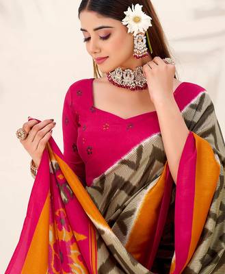 Mehendi tussar silk zigzag waves printed saree with unstitched blouse 4