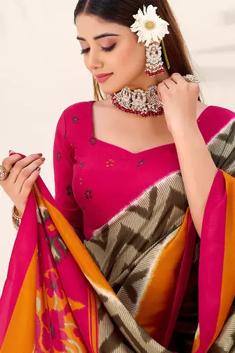 Mehendi tussar silk zigzag waves printed saree with unstitched blouse