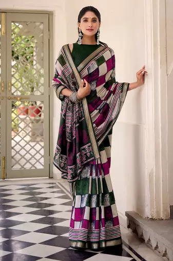 Green viscose chanderi printed with temple border saree & unstitched blouse