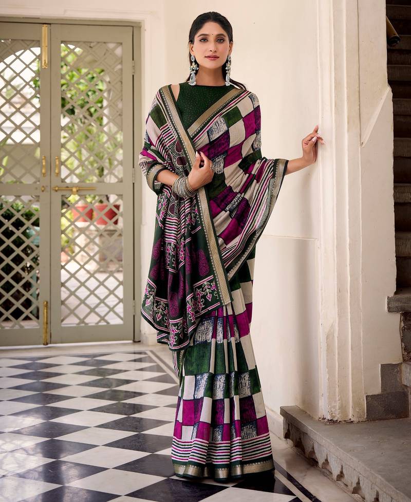 Green viscose chanderi printed with temple border saree & unstitched blouse