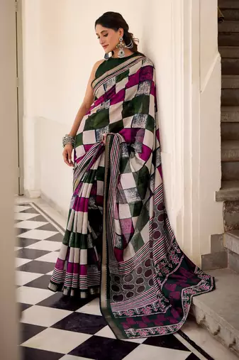 Green viscose chanderi printed with temple border saree & unstitched blouse
