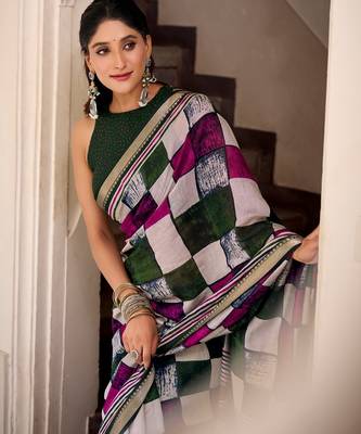 Green viscose chanderi printed with temple border saree & unstitched blouse 3
