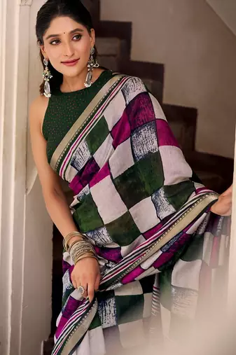 Green viscose chanderi printed with temple border saree & unstitched blouse
