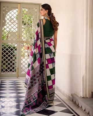 Green viscose chanderi printed with temple border saree & unstitched blouse 4
