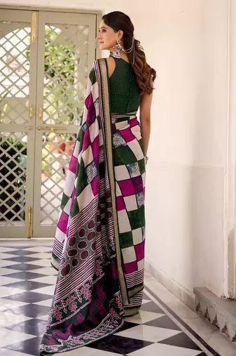Green viscose chanderi printed with temple border saree & unstitched blouse
