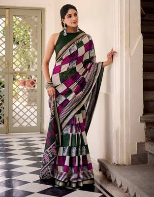 Green viscose chanderi printed with temple border saree & unstitched blouse 5