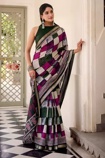Green viscose chanderi printed with temple border saree & unstitched blouse