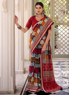 Maroon viscose chanderi printed with temple border saree & unstitched blouse 1