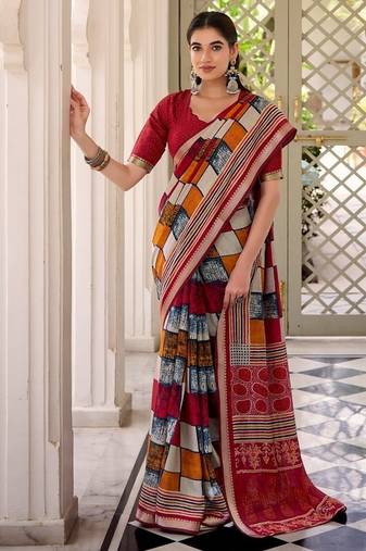 Maroon viscose chanderi printed with temple border saree & unstitched blouse