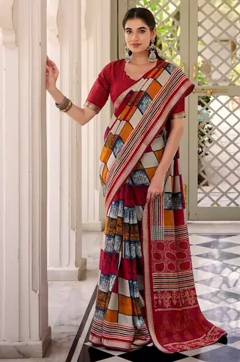 Maroon viscose chanderi printed with temple border saree & unstitched blouse