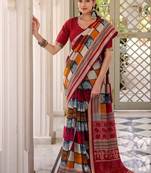 Maroon viscose chanderi printed with temple border saree & unstitched blouse