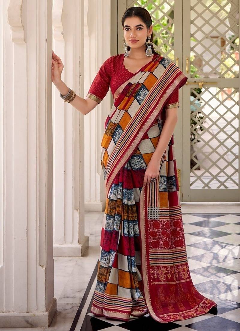 Maroon viscose chanderi printed with temple border saree & unstitched blouse