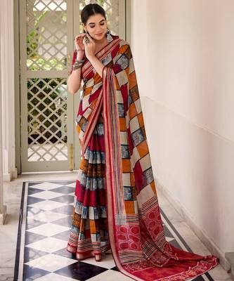 Maroon viscose chanderi printed with temple border saree & unstitched blouse 2