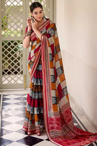Maroon viscose chanderi printed with temple border saree & unstitched blouse