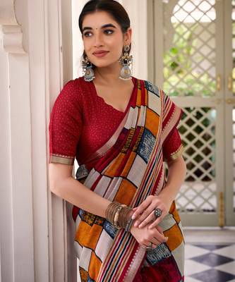 Maroon viscose chanderi printed with temple border saree & unstitched blouse 3