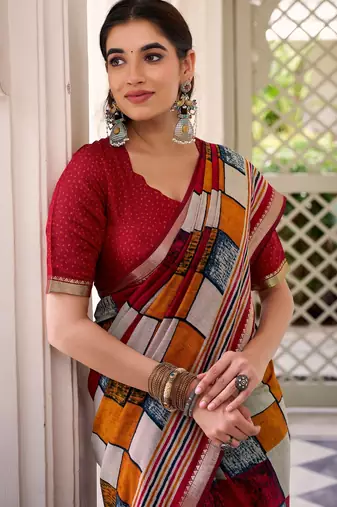 Maroon viscose chanderi printed with temple border saree & unstitched blouse
