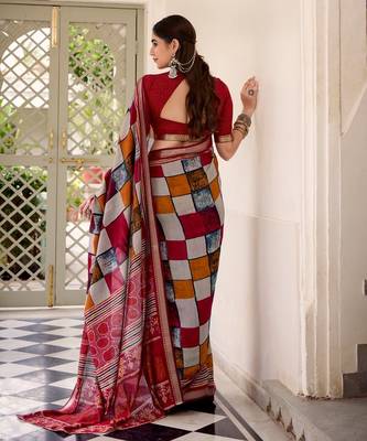 Maroon viscose chanderi printed with temple border saree & unstitched blouse 4