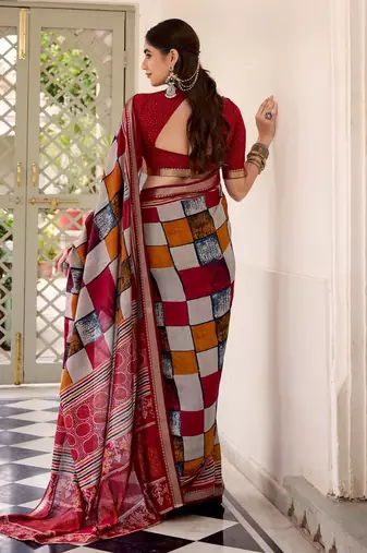 Maroon viscose chanderi printed with temple border saree & unstitched blouse