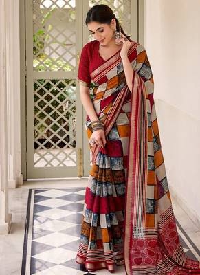 Maroon viscose chanderi printed with temple border saree & unstitched blouse 5