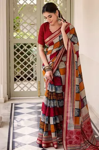 Maroon viscose chanderi printed with temple border saree & unstitched blouse