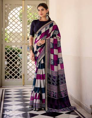 Navy blue viscose chanderi printed with temple border saree & unstitched blouse 1