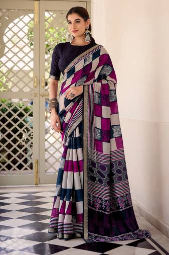 Navy blue viscose chanderi printed with temple border saree & unstitched blouse