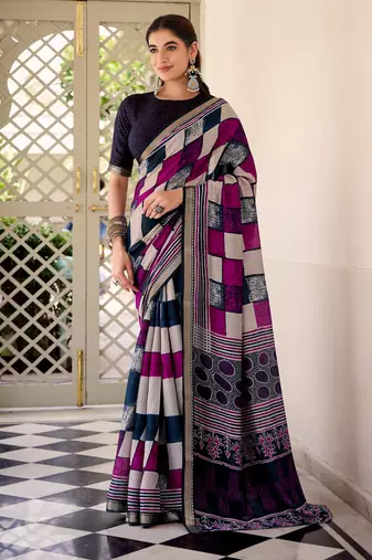 Navy blue viscose chanderi printed with temple border saree & unstitched blouse