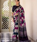Navy blue viscose chanderi printed with temple border saree & unstitched blouse